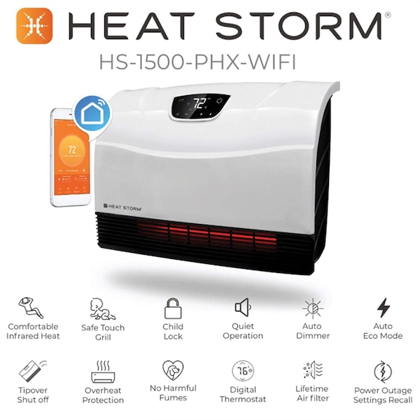 Heat Storm Infrared Space Heater, WIFI, Wall Mount, Digital Display, Adjustable Thermostat, 1500W, 120V, Black - HS-1500-PHX-WIFI