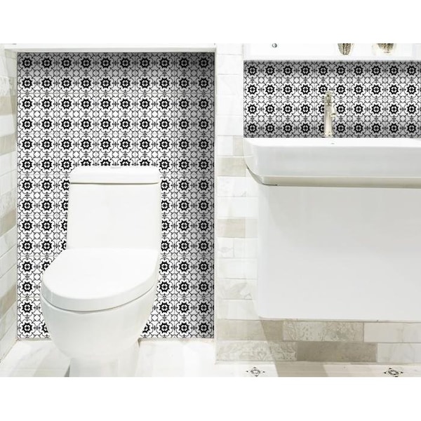 Homeroots 4 x 4 in. Black & White Gerber Peel & Stick Removable Tiles - 399965
