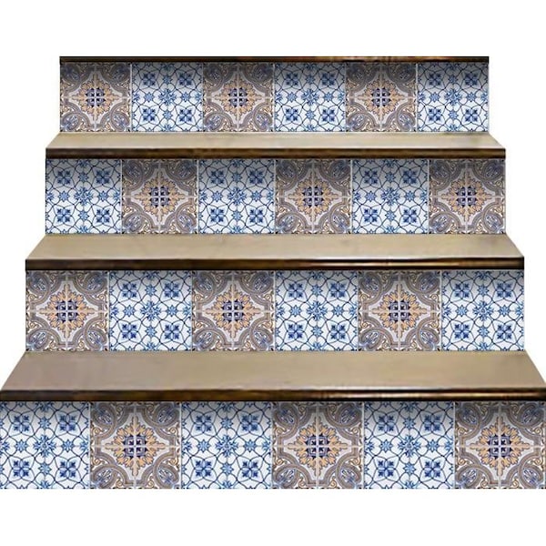Homeroots 8 x 8 in. Blue & Muted Taupe Peel & Stick Tiles - 400154