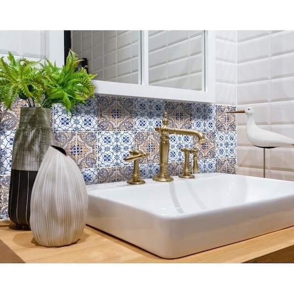 Homeroots 8 x 8 in. Blue & Muted Taupe Peel & Stick Tiles - 400154