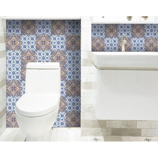 Homeroots 8 x 8 in. Blue & Muted Taupe Peel & Stick Tiles - 400154