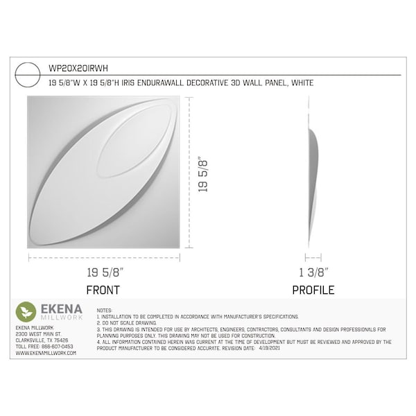 Ekena Millwork 19 5/8in. W x 19 5/8in. H Iris EnduraWall Decorative 3D Wall Panel Covers, Total 26.75 Sq. Ft., 10PK - WP20X20IRWH-CASE-10