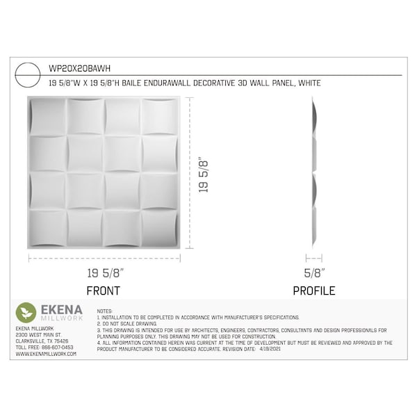 Ekena Millwork 19 5/8in. W x 19 5/8in. H Baile EnduraWall Decor 3D Wall Panel Covers, Total 26.75 Sq. Ft., 10PK - WP20X20BAWH-CASE-10