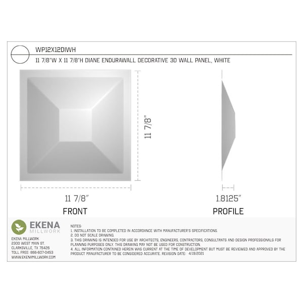Ekena Millwork 11 7/8in. W x 11 7/8in. H Diane EnduraWall Decorative 3D Wall Panel Covers, Total 9.79 Sq. Ft., 10PK - WP12X12DIWH-CASE-10