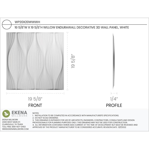 Ekena Millwork 19 5/8in. W x 19 5/8in. H Willow EnduraWall Decorative 3D Wall Panel, White, 20PK - WP20X20WWWH-CASE-20