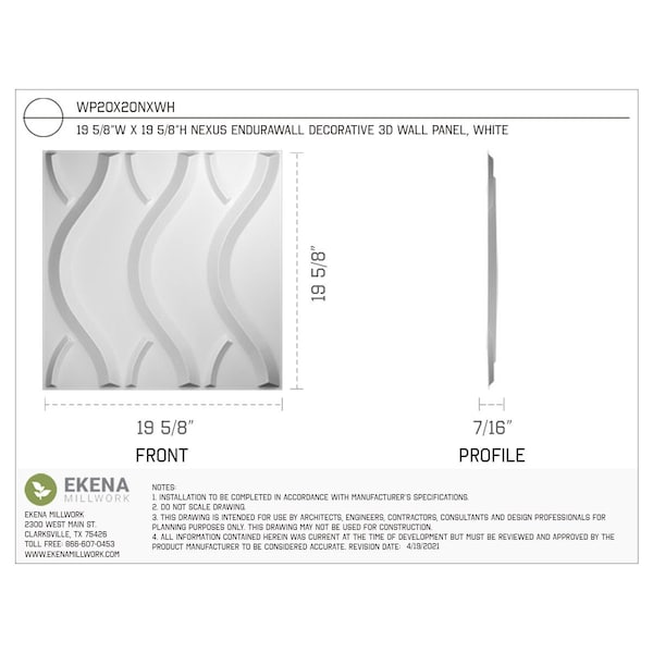 Ekena Millwork 19 5/8in. W x 19 5/8in. H Nexus EnduraWall Decor 3D Wall Panel Covers, Total 26.75 Sq. Ft., 10PK - WP20X20NXWH-CASE-10