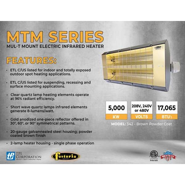 Fostoria Infrared Quartz Electric Heater, 1 Phase, Galvanized Steel, 277V AC - H-90-342-TH