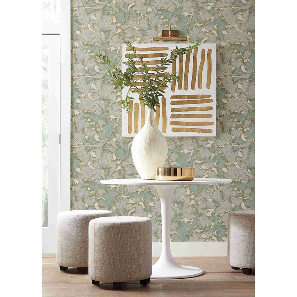 York Wallcoverings Acanthus Toss Beige and Seafoam Wallpaper - NV5511