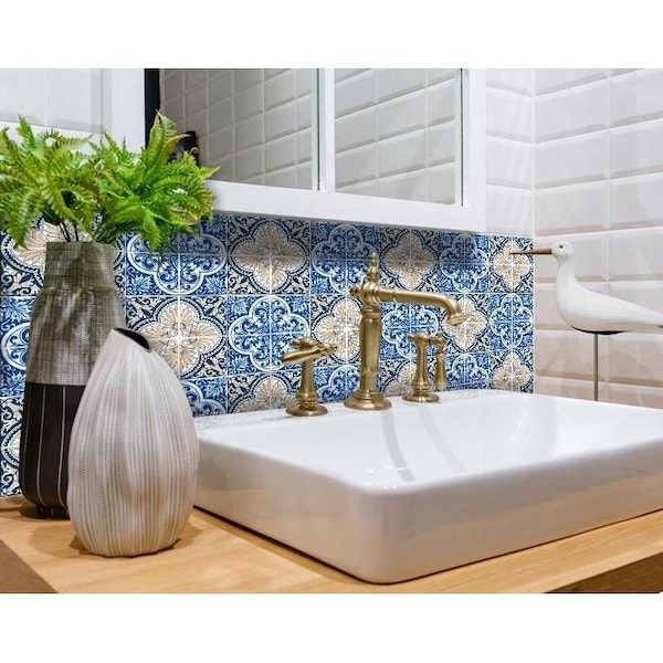 Homeroots 8 x 8 in. Blues & Crema Peel & Stick Removable Tiles - 400088