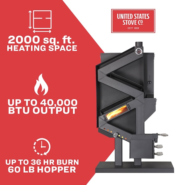 Us Stove Co 2,000 Sqft WiseWay EPA Certified Gravity Fed NonElectric Pellet Stove - GW1949
