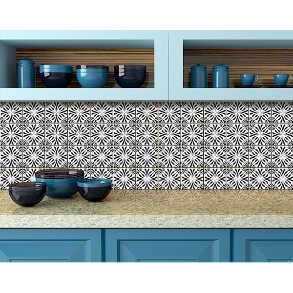 Homeroots 7 x 7 in. Black & White Flo Peel & Stick Removable Tiles - 399953