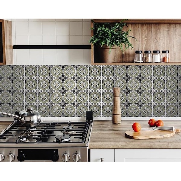 Homeroots 4 x 4 in. Vintage Aegean Olive Green Removable Peel & Stick Tiles - 400200
