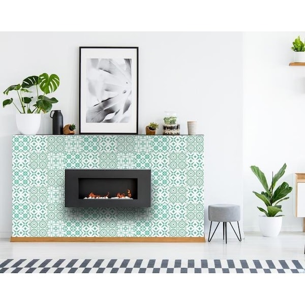 Homeroots 4 x 4 in. Light Green & White Geo Peel & Stick Removable Tiles - 400415