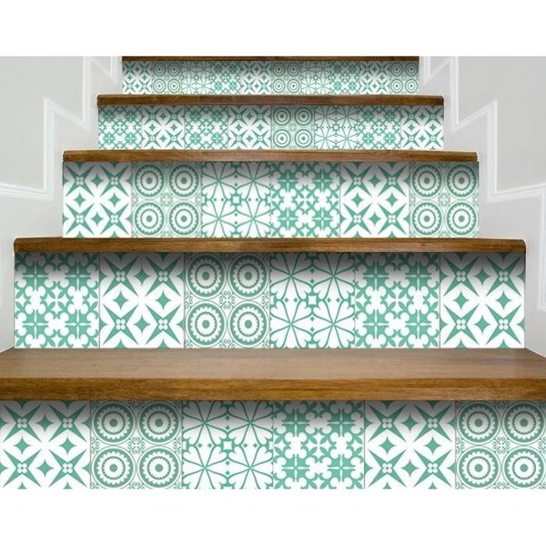 Homeroots 4 x 4 in. Light Green & White Geo Peel & Stick Removable Tiles - 400415