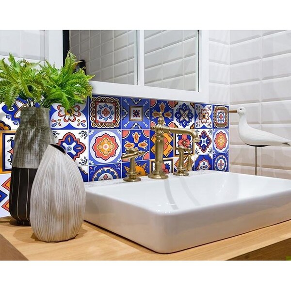 Homeroots 7 x 7 in. Shades of Blue Celestial Mosaic Peeland Stick Removable Tiles - 400449