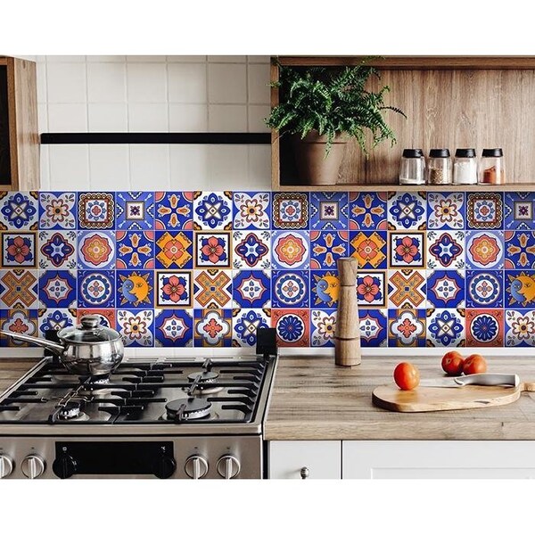 Homeroots 7 x 7 in. Shades of Blue Celestial Mosaic Peeland Stick Removable Tiles - 400449