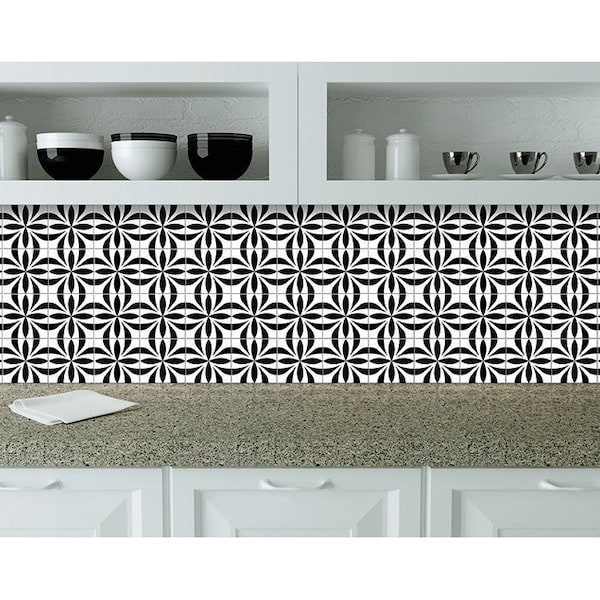 Homeroots 8 x 8 in. Black & White Colla Peel & Stick Removable Tiles - 399929