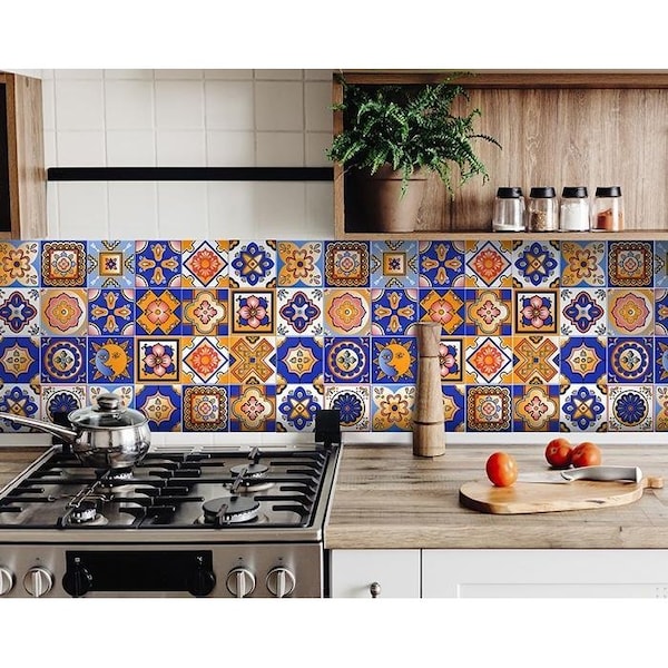 Homeroots 6 x 6 in. Blue & Gold Celestial Mosaic Peel & Stick Removable Tiles - 400443