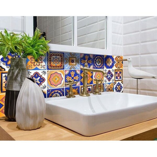Homeroots 6 x 6 in. Blue & Gold Celestial Mosaic Peel & Stick Removable Tiles - 400443