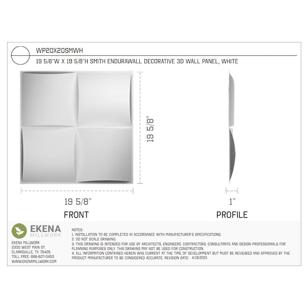 Ekena Millwork 19 5/8in. W x 19 5/8in. H Smith EnduraWall Decorative 3D Wall Panel Covers, Total 32.1 Sq. Ft., 12PK - WP20X20SMWH-CASE-12