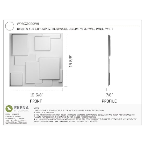 Ekena Millwork 19 5/8in. W x 19 5/8in. H Gomez EnduraWall Decor 3D Wall Panel Covers, Total 26.75 Sq. Ft., 10PK - WP20X20GOWH-CASE-10