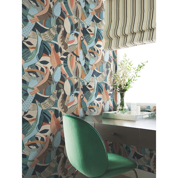 York Wallcoverings Fauvist Flock Coral and Aqua Wallpaper Sample - AG2016SAM
