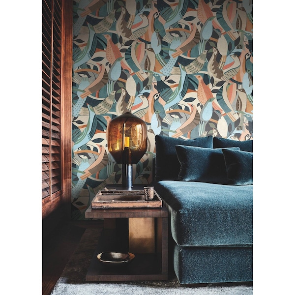 York Wallcoverings Fauvist Flock Coral and Aqua Wallpaper Sample - AG2016SAM