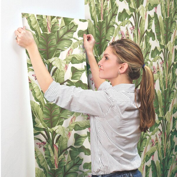 York Wallcoverings Banana Leaf Dark Brown and Pink Wallpaper - AT7067