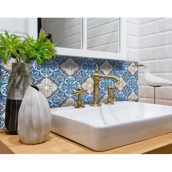 Homeroots 6 x 6 in. Blues & Crema Peel & Stick Removable Tiles - 400086