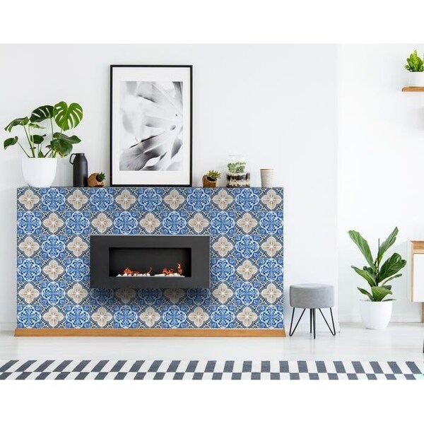 Homeroots 6 x 6 in. Blues & Crema Peel & Stick Removable Tiles - 400086