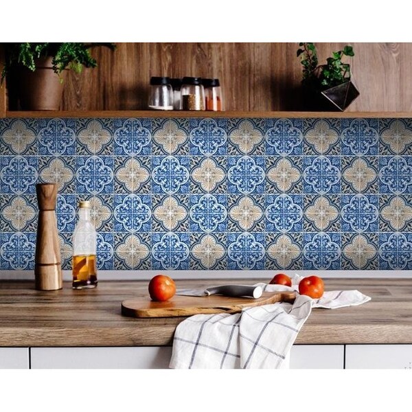 Homeroots 6 x 6 in. Blues & Crema Peel & Stick Removable Tiles - 400086