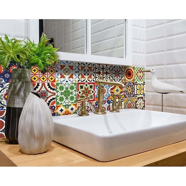 Homeroots 7 x 7 in. Blue Red Yellow Mosaic Peel & Stick Tiles - 400068
