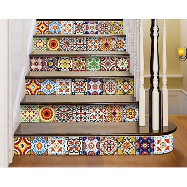 Homeroots 7 x 7 in. Blue Red Yellow Mosaic Peel & Stick Tiles - 400068