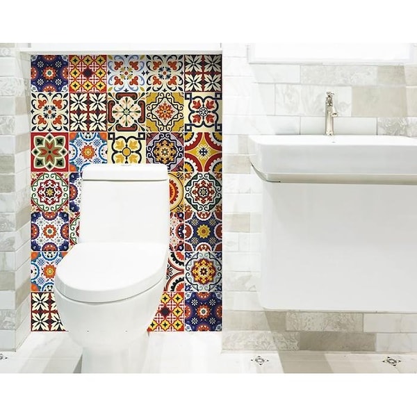 Homeroots 7 x 7 in. Blue Red Yellow Mosaic Peel & Stick Tiles - 400068