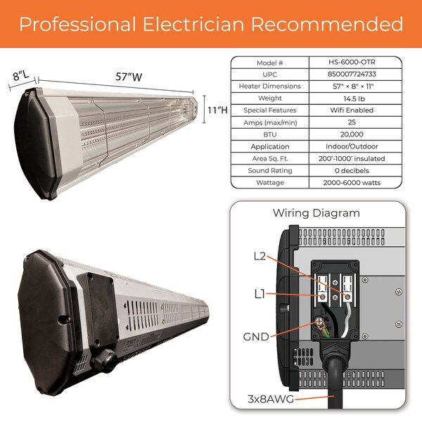 Heat Storm Infrared Heater, Wifi Enabled, 6000-Watt, 240 Volt, Hardwired, Includes Motion Sensor - HS-6000-OTR
