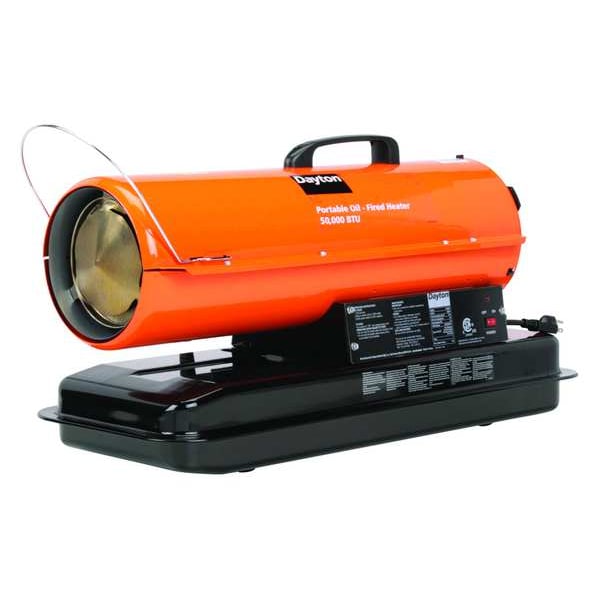 Dayton Portable Oil and Kerosene Torpedo Heater, 50,000 BtuH, 175 cfm, 1,000 sq ft Heat Area 5 gal - 3VE48