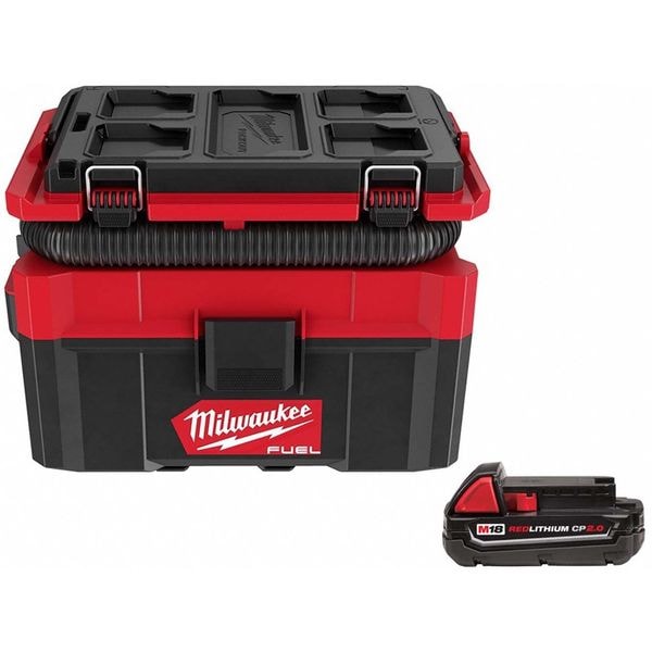 Milwaukee Tool Cordless Wet/Dry Vacuum, 18 V, 2.5 gal Tank Size, Includes Battery - 0970-20, 48-11-1820