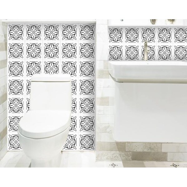 Homeroots 7 x 7 in. White & Black Cross Peel & Stick Removable Tiles - 399933