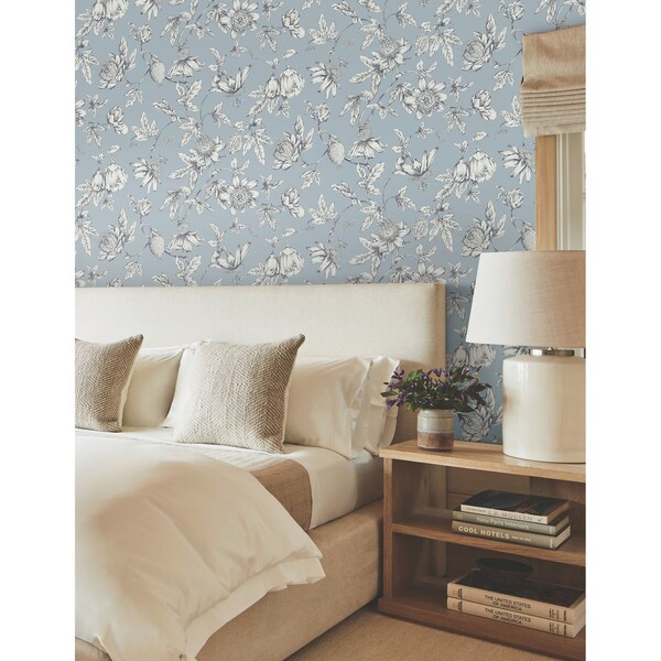 York Wallcoverings Passion Flower Toile Sky Blue Wallpaper - RT7853