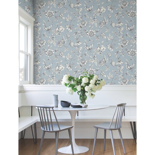 York Wallcoverings Passion Flower Toile Sky Blue Wallpaper - RT7853