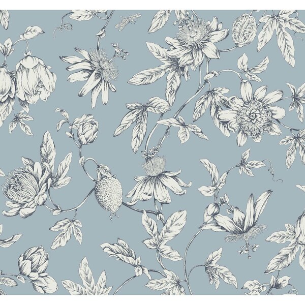 York Wallcoverings Passion Flower Toile Sky Blue Wallpaper - RT7853