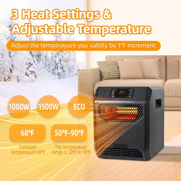 Edendirect 1500W Electric Heaters Infrared Quartz Heaters with Thermostat, LED Display, Portable Space Heater - IR-HT1268NUV
