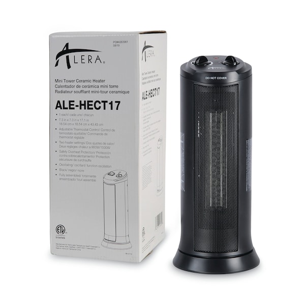 Alera Mini Tower Ceramic Heater, 7 3/8"w x 7 3/8"d x 17 3/8"h, Black - ALEHECT17