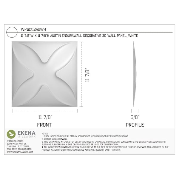 Ekena Millwork 11 7/8in. W x 11 7/8in. H Austin EnduraWall Decor 3D Wall Panel Covers, Total 9.79 Sq. Ft., 10PK - WP12X12AUWH-CASE-10