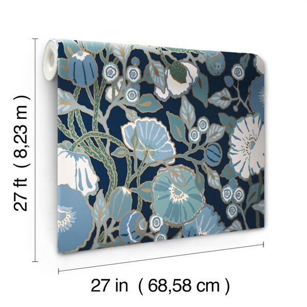 York Wallcoverings Poppies Black and Blue Metallic Wallpaper - GO8312