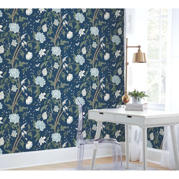York Wallcoverings Teahouse Floral Navy Wallpaper - BL1782