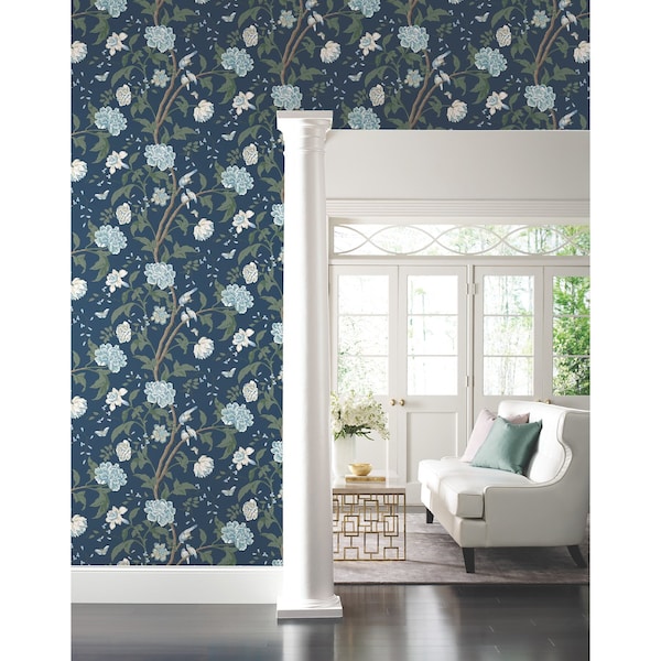 York Wallcoverings Teahouse Floral Navy Wallpaper - BL1782
