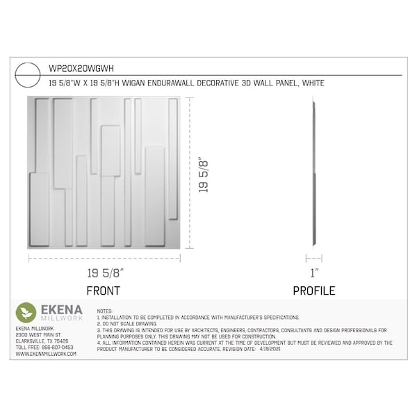 Ekena Millwork 19 5/8in. W x 19 5/8in. H Wigan EnduraWall Decorative 3D Wall Panel Covers Total 53.49 Sq. Ft., 20PK - WP20X20WGWH-CASE-20