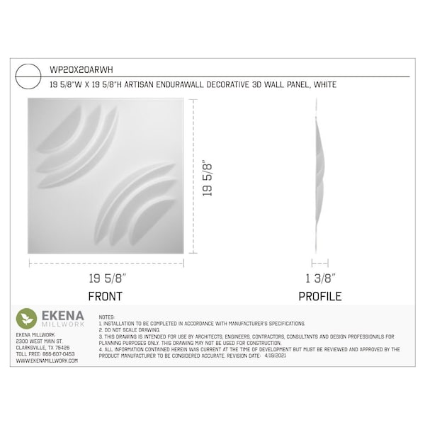 Ekena Millwork 19 5/8in. W x 19 5/8in. H Artisan EnduraWall Decor 3D Wall Panel Covers Total 53.49 Sq. Ft., 20PK - WP20X20ARWH-CASE-20