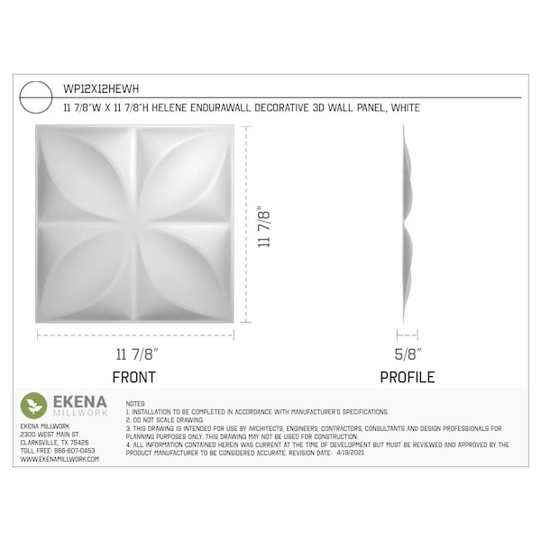 Ekena Millwork 11 7/8in. W x 11 7/8in. H Helene EnduraWall Decor 3D Wall Panel Covers, Total 11.75 Sq. Ft., 12PK - WP12X12HEWH-CASE-12